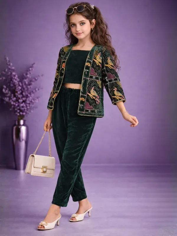 Girls_Emerald_Green_Velvet_Co-Ord_Set_3_Piece_With_Printed_Jacket_Party_Wear