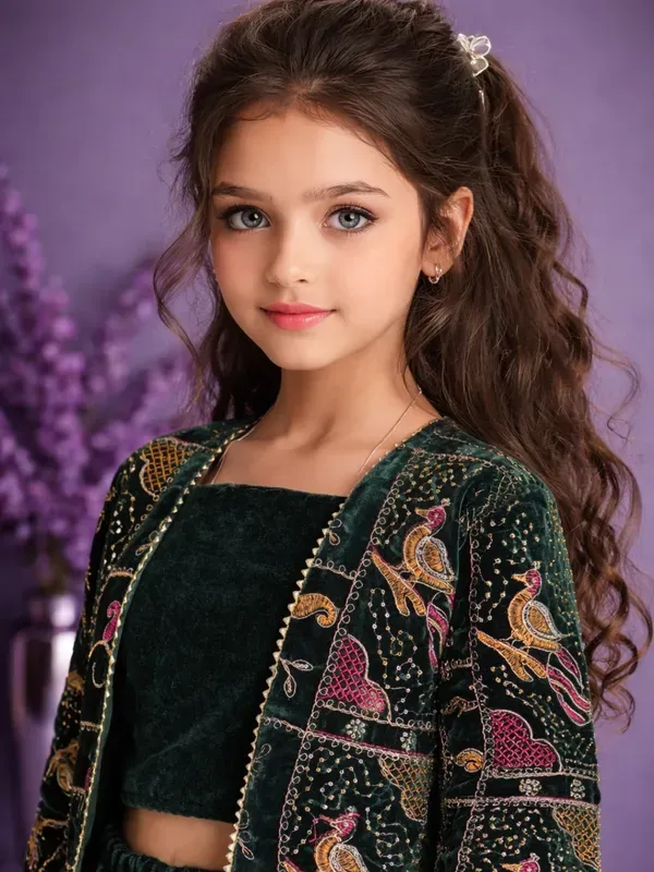 Girls_Emerald_Green_Velvet_Co-Ord_Set_3_Piece_With_Printed_Jacket_Party_Wear