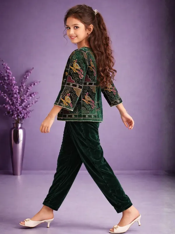 Girls_Emerald_Green_Velvet_Co-Ord_Set_3_Piece_With_Printed_Jacket_Party_Wear