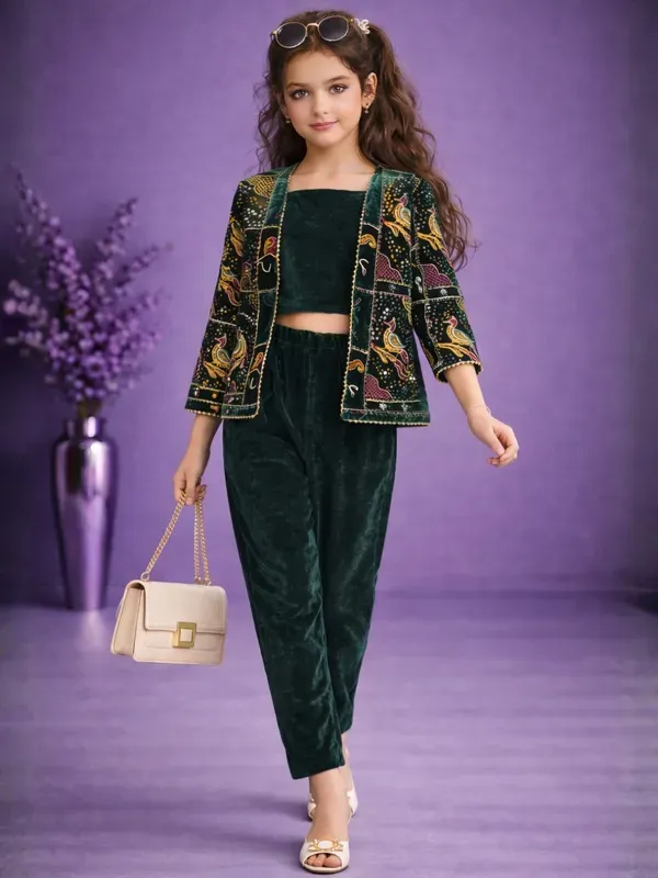 Girls_Emerald_Green_Velvet_Co-Ord_Set_3_Piece_With_Printed_Jacket_Party_Wear