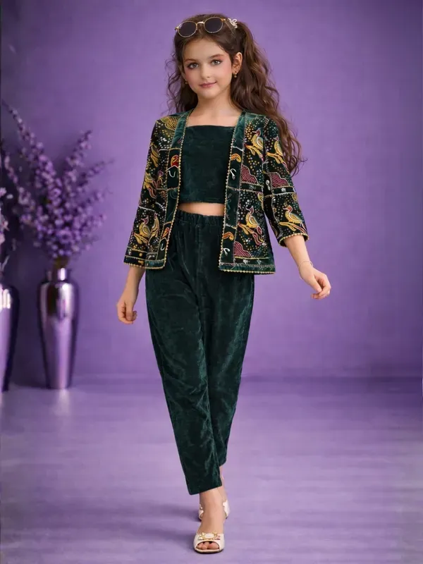 Girls_Emerald_Green_Velvet_Co-Ord_Set_3_Piece_With_Printed_Jacket_Party_Wear