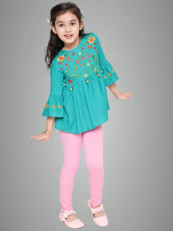 Rama_Rayon_Floral_Embroidery_Round_Neck_Casual_Top_For_Girls