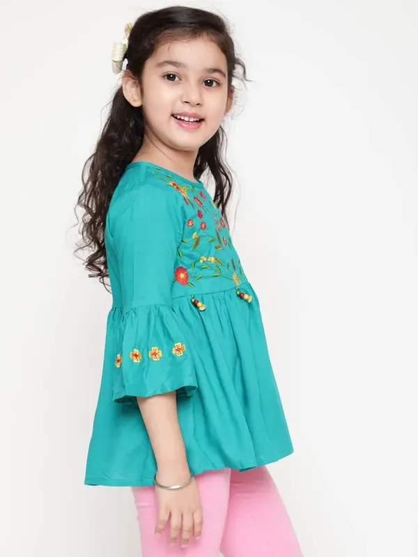 Rama_Rayon_Floral_Embroidery_Round_Neck_Casual_Top_For_Girls