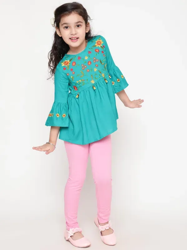 Rama_Rayon_Floral_Embroidery_Round_Neck_Casual_Top_For_Girls