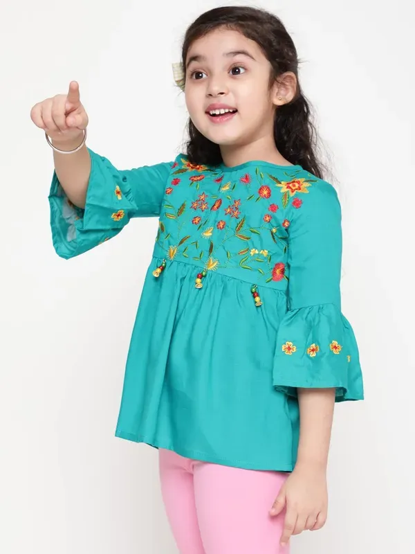 Rama_Rayon_Floral_Embroidery_Round_Neck_Casual_Top_For_Girls