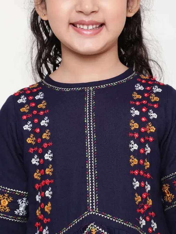 Blue_Rayon_Floral_Embroidery_Round_Neck_Casual_Top_For_Girls