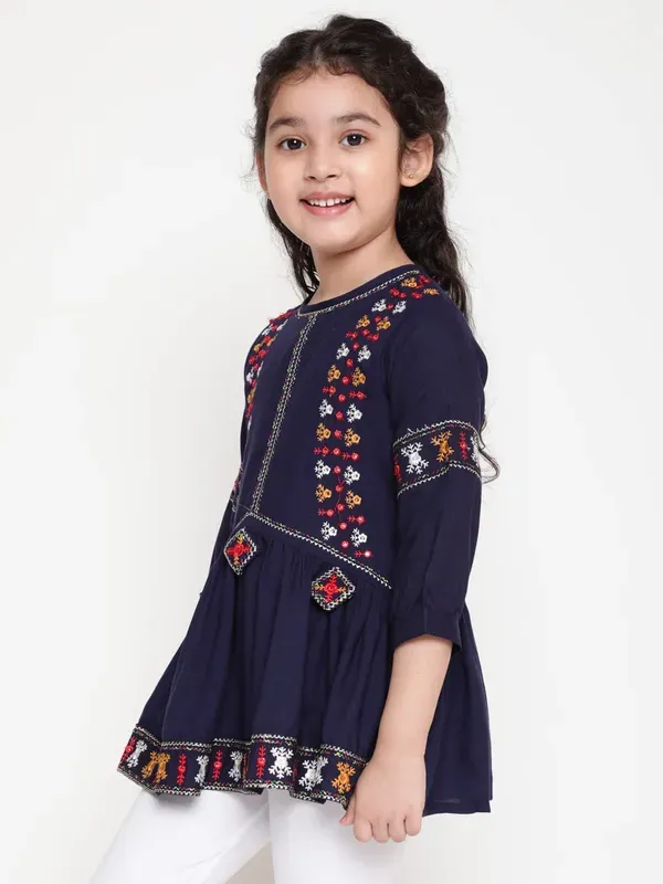 Blue_Rayon_Floral_Embroidery_Round_Neck_Casual_Top_For_Girls