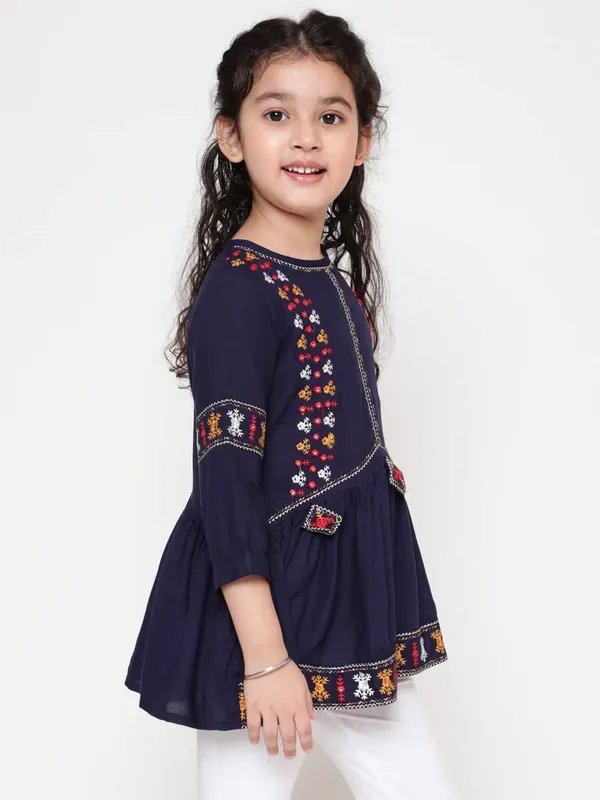 Blue_Rayon_Floral_Embroidery_Round_Neck_Casual_Top_For_Girls