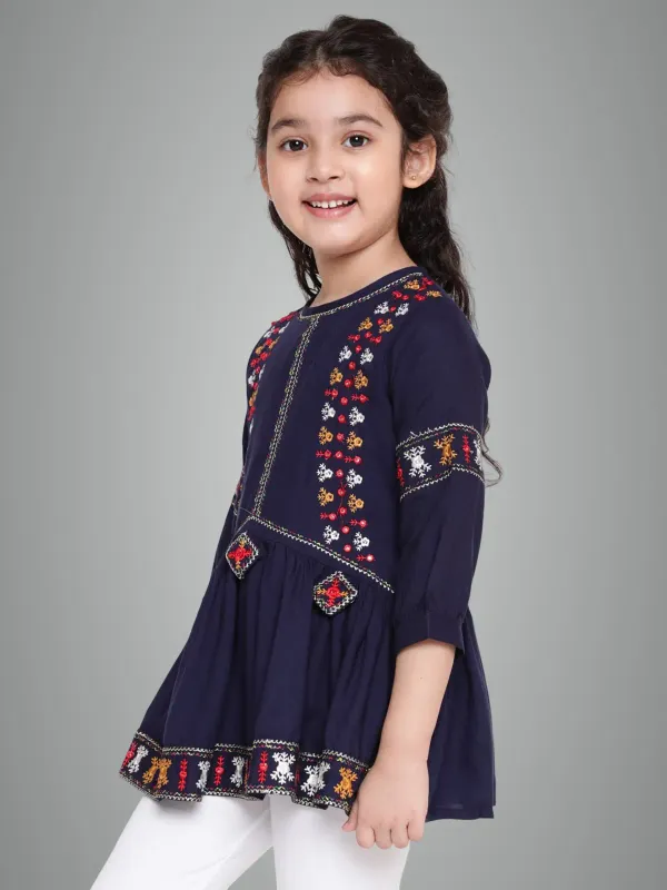Blue_Rayon_Floral_Embroidery_Round_Neck_Casual_Top_For_Girls