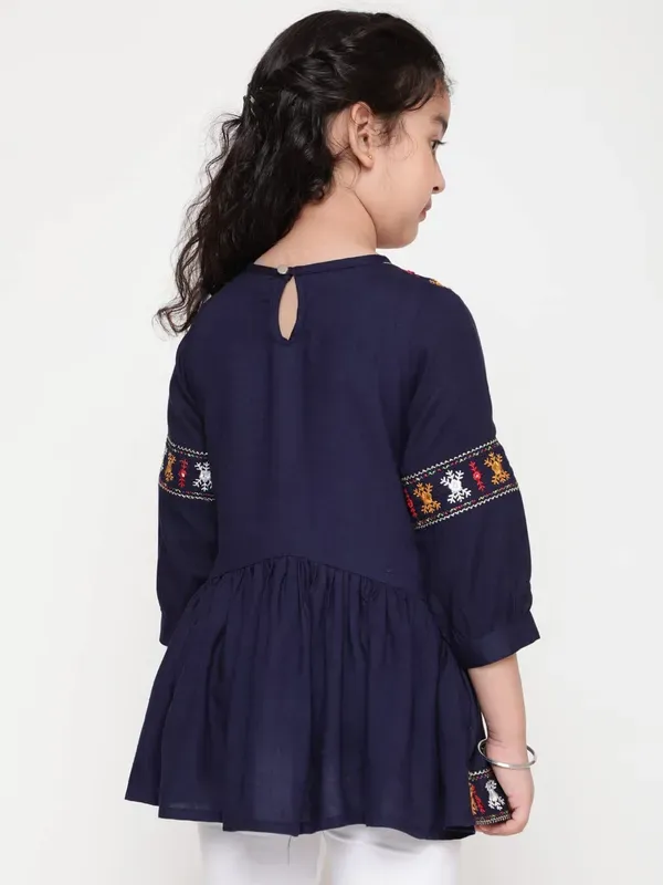Blue_Rayon_Floral_Embroidery_Round_Neck_Casual_Top_For_Girls