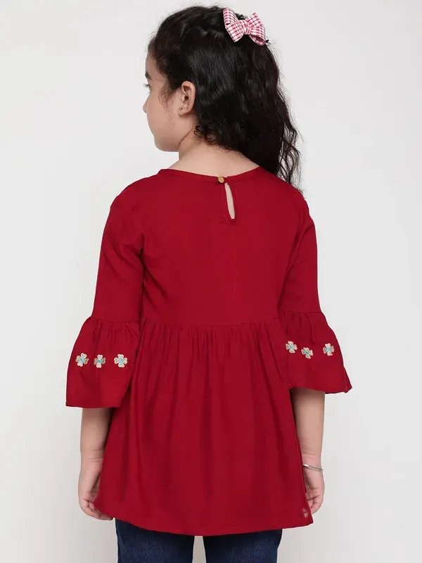 Maroon_Rayon_Floral_Embroidery_Round_Neck_Casual_Top_For_Girls