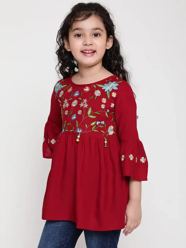 Maroon_Rayon_Floral_Embroidery_Round_Neck_Casual_Top_For_Girls