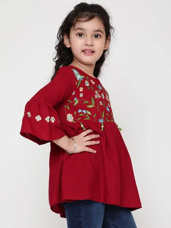 Maroon_Rayon_Floral_Embroidery_Round_Neck_Casual_Top_For_Girls