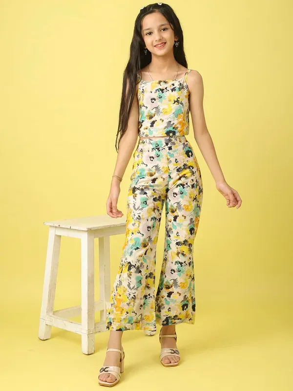 Multicolor_Floral_Printed_Stylish_Blazer_Crop_Top_And_Flared_Pants_Co-Ord_Set_For_Girls