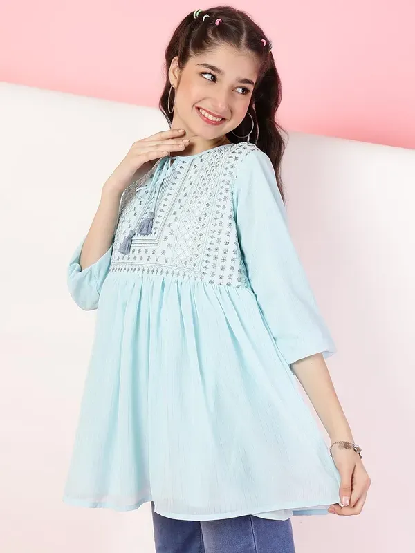 Sky_Blue_Georgette_Floral_Sequins_Embroidered_With_Neck_Tie_Up_Top_For_Girl