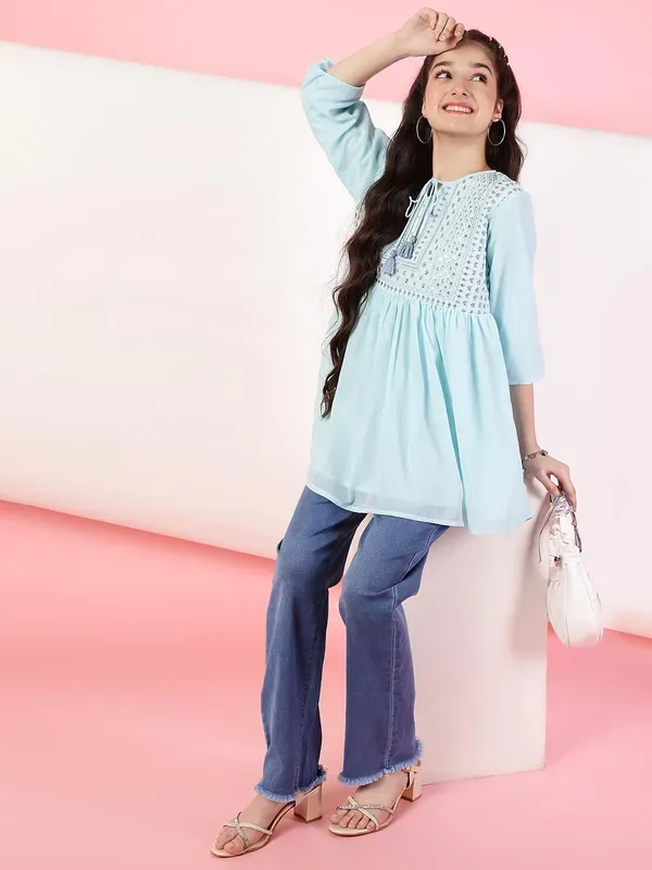 Sky_Blue_Georgette_Floral_Sequins_Embroidered_With_Neck_Tie_Up_Top_For_Girl