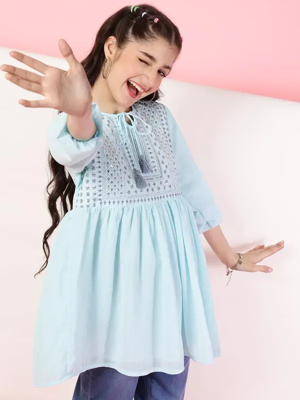 Sky_Blue_Georgette_Floral_Sequins_Embroidered_With_Neck_Tie_Up_Top_For_Girl