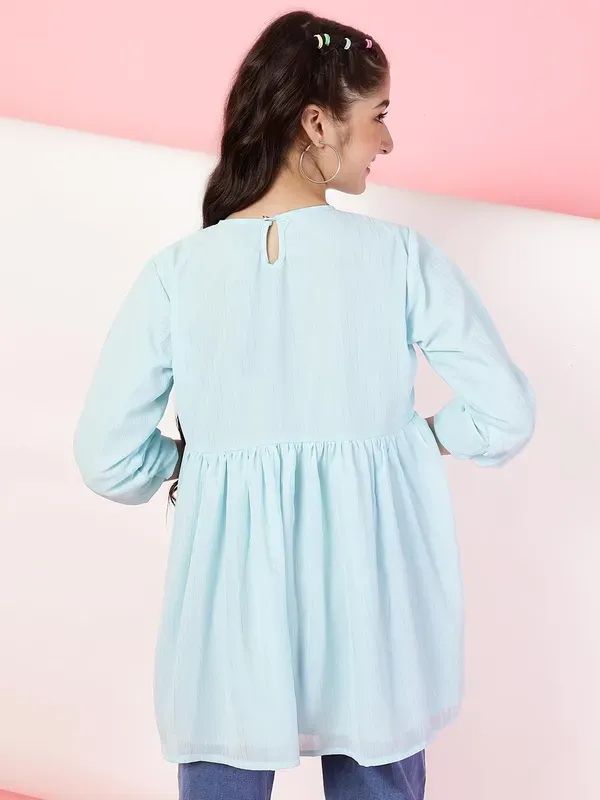 Sky_Blue_Georgette_Floral_Sequins_Embroidered_With_Neck_Tie_Up_Top_For_Girl