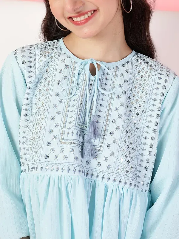 Sky_Blue_Georgette_Floral_Sequins_Embroidered_With_Neck_Tie_Up_Top_For_Girl