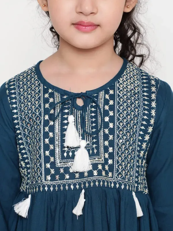 Dark_Blue_Embroidered_Regular_Fit_Tie_Up_Neck_Casual_Top_For_Girls