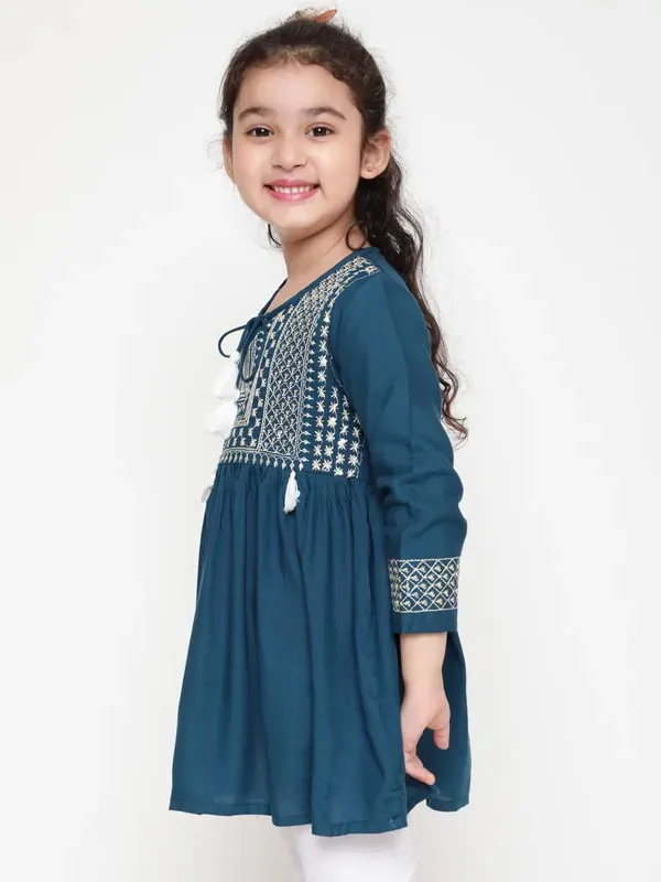 Dark_Blue_Embroidered_Regular_Fit_Tie_Up_Neck_Casual_Top_For_Girls