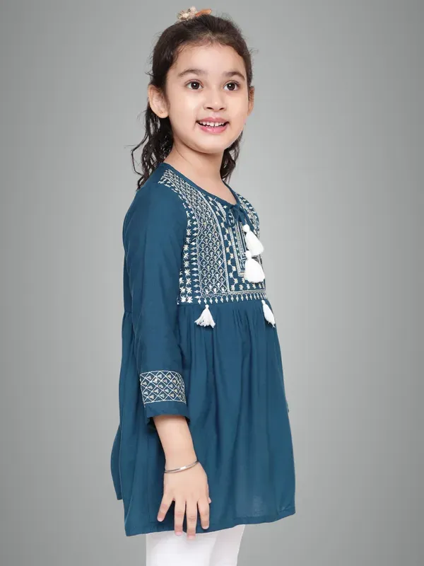 Dark_Blue_Embroidered_Regular_Fit_Tie_Up_Neck_Casual_Top_For_Girls
