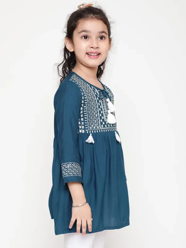 Dark_Blue_Embroidered_Regular_Fit_Tie_Up_Neck_Casual_Top_For_Girls