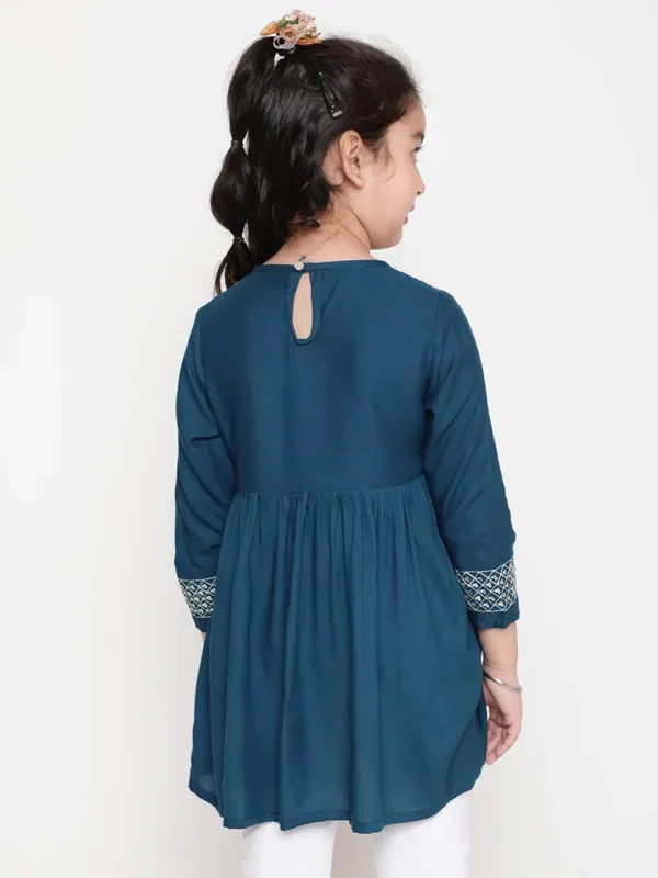 Dark_Blue_Embroidered_Regular_Fit_Tie_Up_Neck_Casual_Top_For_Girls
