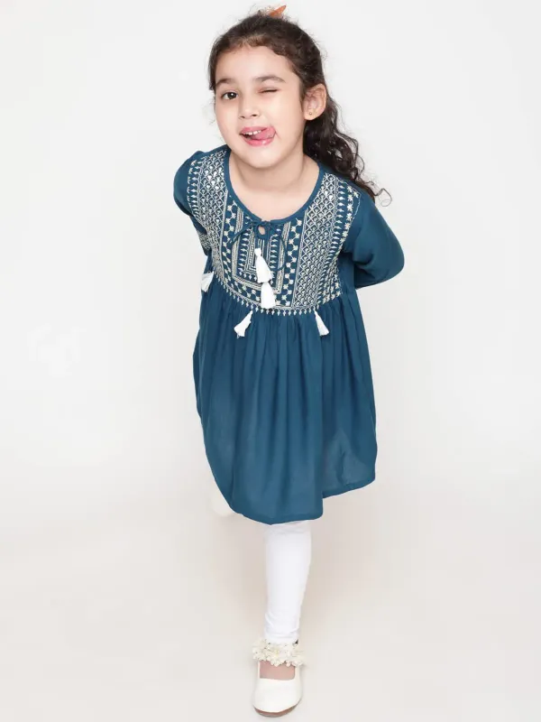 Dark_Blue_Embroidered_Regular_Fit_Tie_Up_Neck_Casual_Top_For_Girls