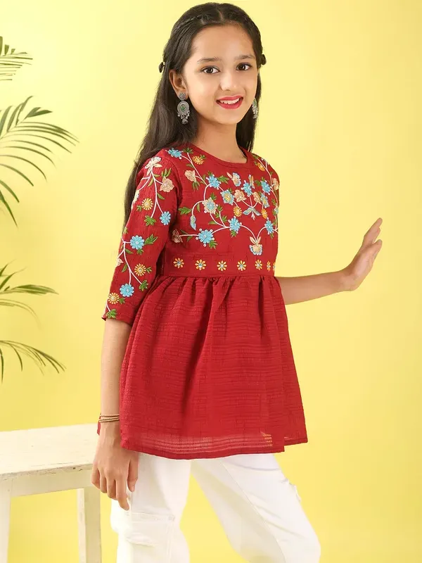 Maroon_Floral_Embroidered_Poly_Cotton_Top_With_Bell_For_Girls