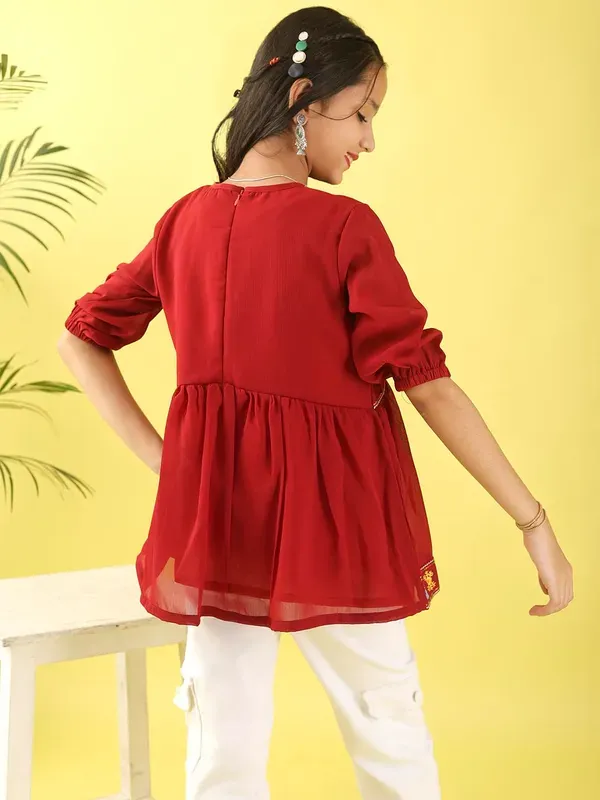 Maroon_Floral_Embroidered_Poly_Cotton_Top_With_Bell_For_Girls