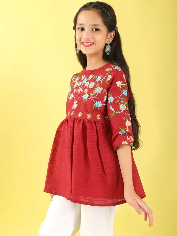Maroon_Floral_Embroidered_Poly_Cotton_Top_With_Bell_For_Girls