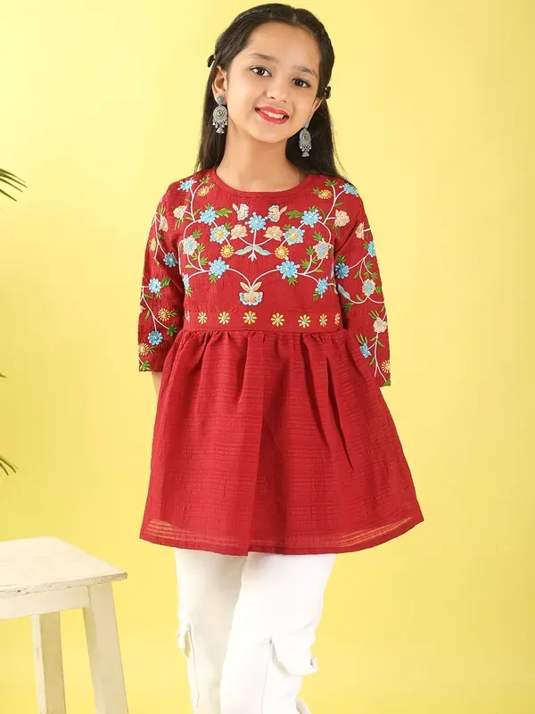 Maroon_Floral_Embroidered_Poly_Cotton_Top_With_Bell_For_Girls