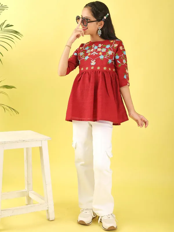 Maroon_Floral_Embroidered_Poly_Cotton_Top_With_Bell_For_Girls