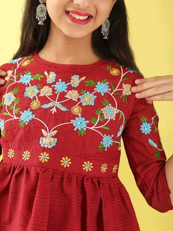 Maroon_Floral_Embroidered_Poly_Cotton_Top_With_Bell_For_Girls
