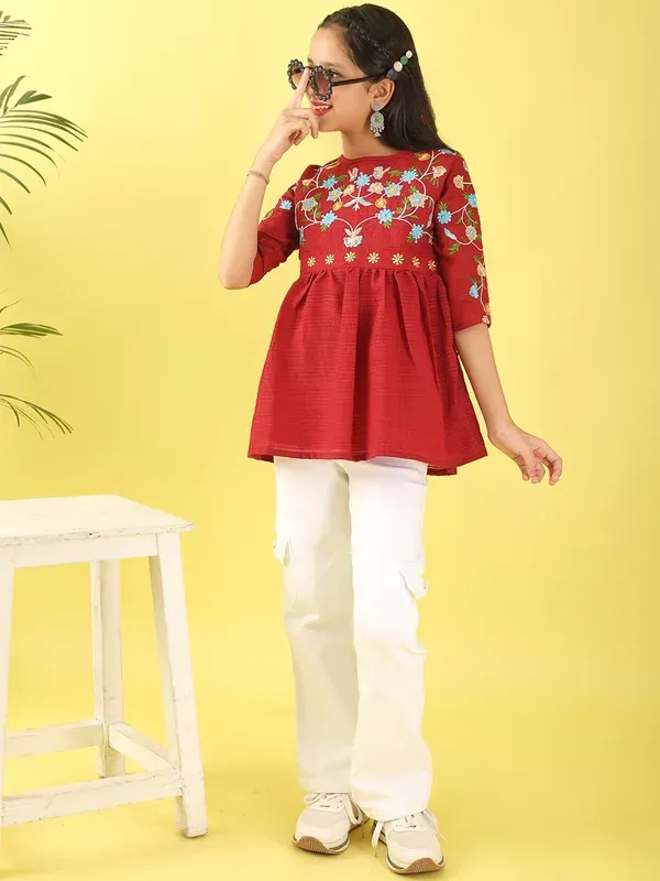 Maroon_Floral_Embroidered_Poly_Cotton_Top_With_Bell_For_Girls