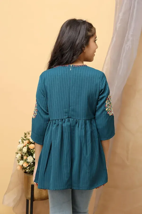 Dark_Blue_Floral_Embroidered_Polyester_Top_With_For_Girls