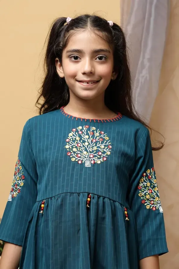 Dark_Blue_Floral_Embroidered_Polyester_Top_With_For_Girls