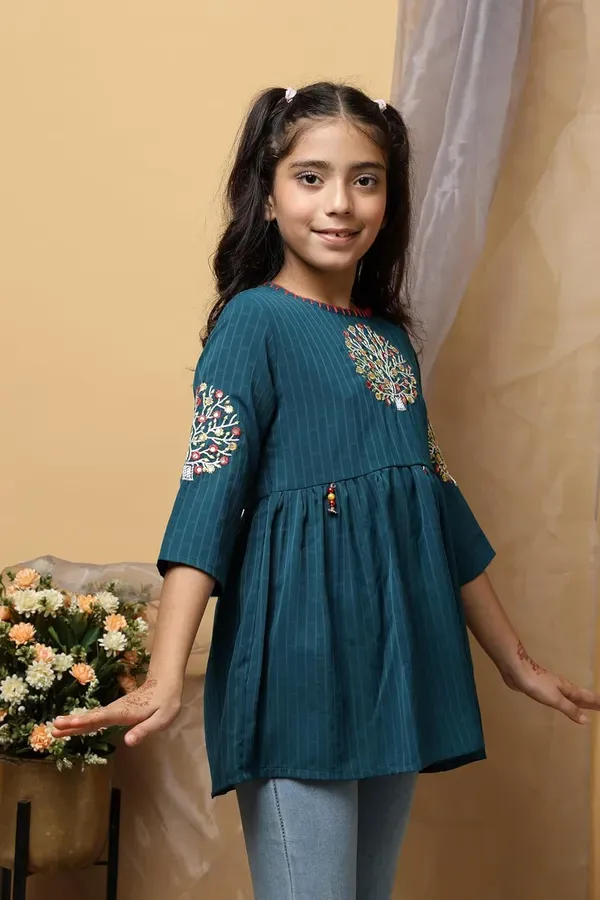 Dark_Blue_Floral_Embroidered_Polyester_Top_With_For_Girls