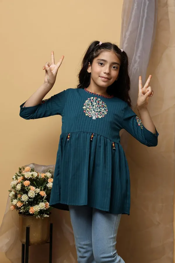 Dark_Blue_Floral_Embroidered_Polyester_Top_With_For_Girls
