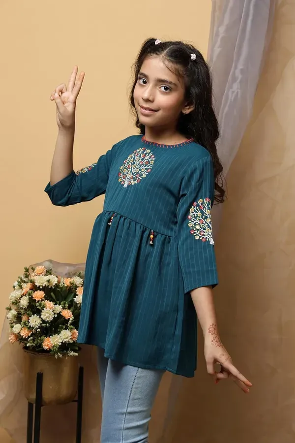 Dark_Blue_Floral_Embroidered_Polyester_Top_With_For_Girls