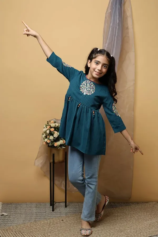 Dark_Blue_Floral_Embroidered_Polyester_Top_With_For_Girls