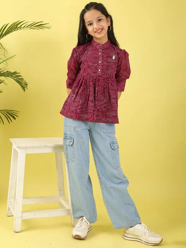Wine_Stylish_Foil_Print_Georgette_Top_With_Applique_Design_Top_For_Girls