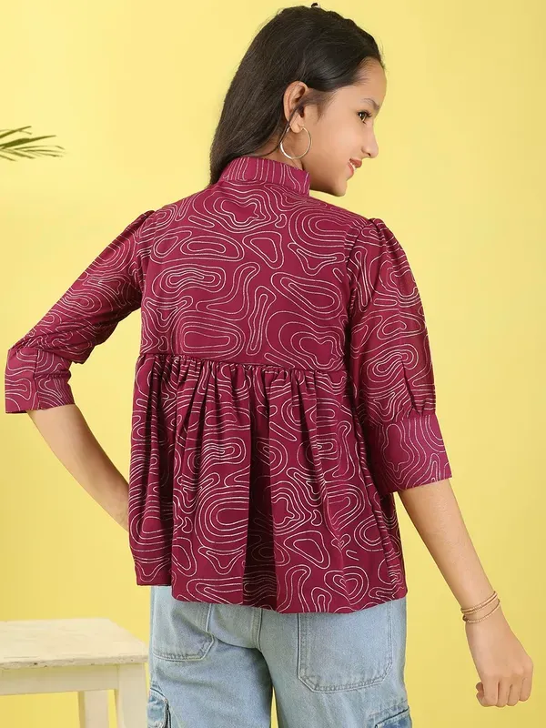 Wine_Stylish_Foil_Print_Georgette_Top_With_Applique_Design_Top_For_Girls