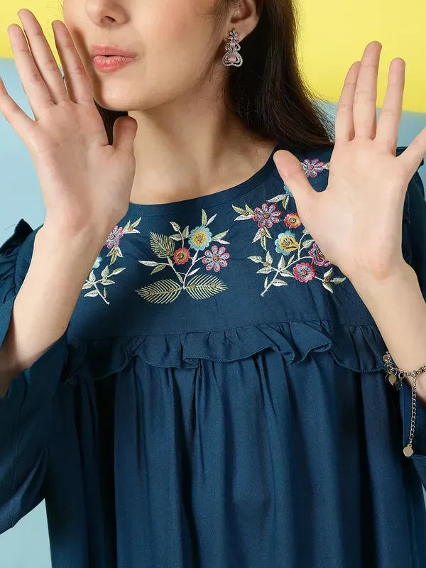 Dark_Blue_Rayon_Floral_Embroidery_Round_Neck_Casual_Top_For_Girls