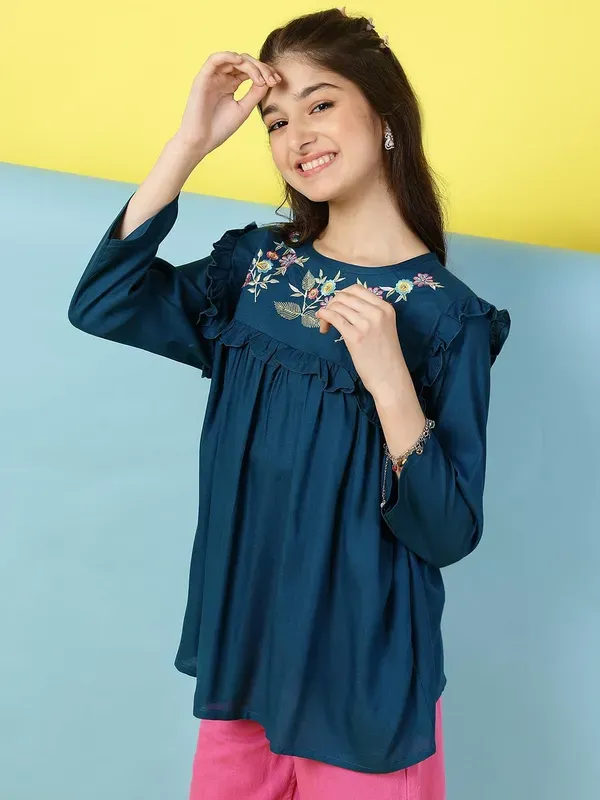 Dark_Blue_Rayon_Floral_Embroidery_Round_Neck_Casual_Top_For_Girls