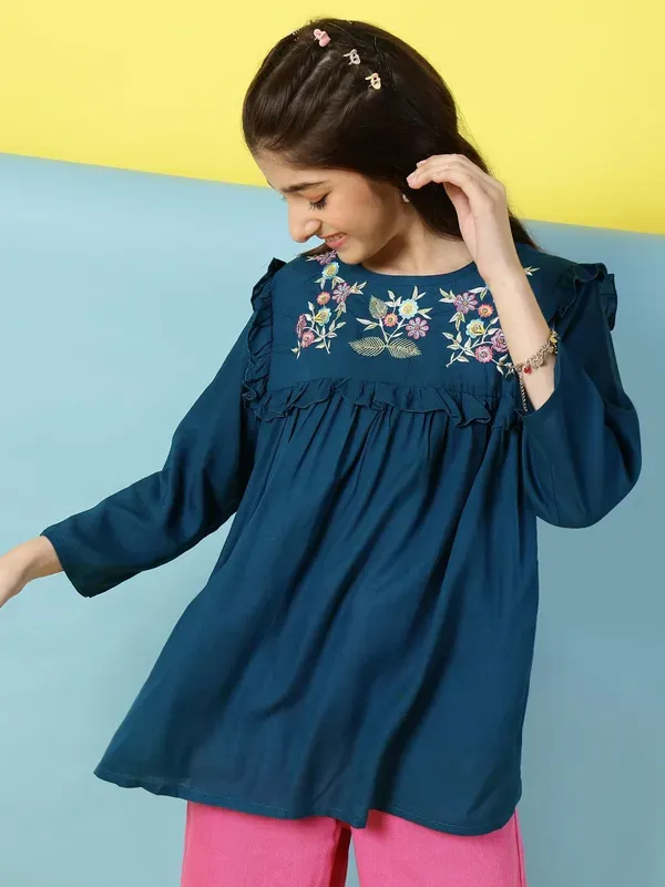 Dark_Blue_Rayon_Floral_Embroidery_Round_Neck_Casual_Top_For_Girls