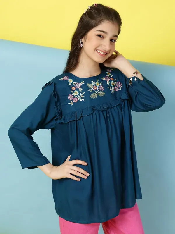 Dark_Blue_Rayon_Floral_Embroidery_Round_Neck_Casual_Top_For_Girls