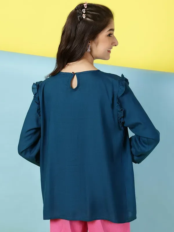 Dark_Blue_Rayon_Floral_Embroidery_Round_Neck_Casual_Top_For_Girls