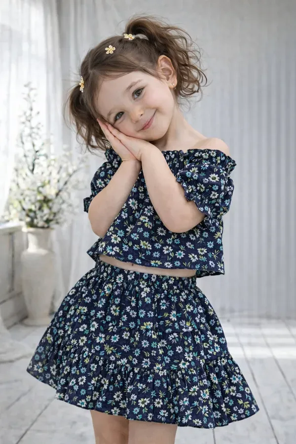 Girls_Navy_Blue_Floral_Off_Shoulder_Top_Skirt_Set_Stylish_Summer_Kids